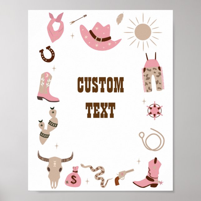 Cowgirl Rosa Baby Shower Anpassningsbar Sign Poster (Framsidan)