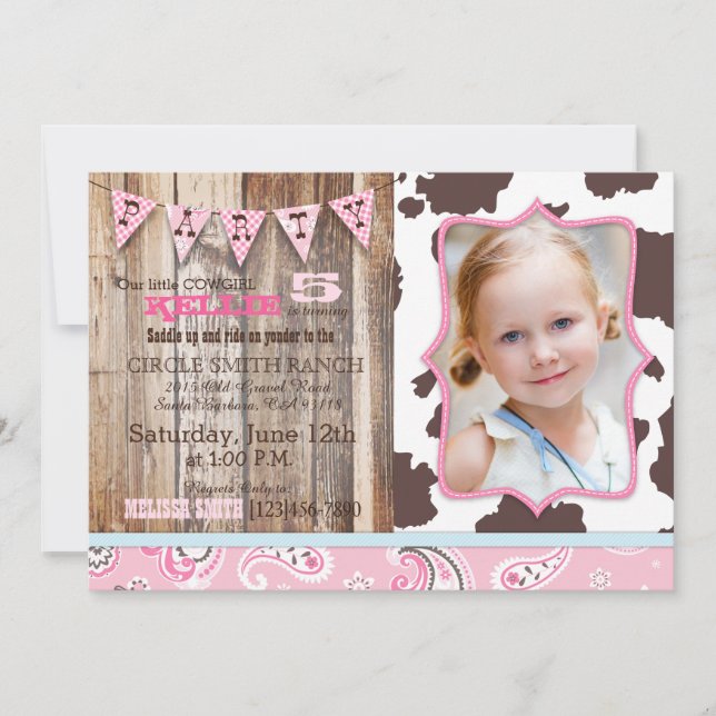 Cowgirl Rosa Bandanna Western Theme Birthday Inbjudningar (Framsida)