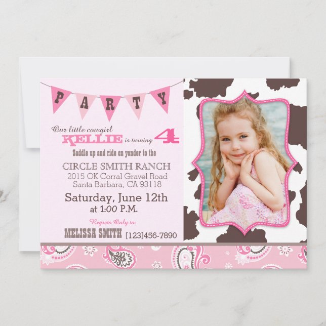 Cowgirl Rosa Bandanna Western Theme Birthday Inbjudningar (Framsida)