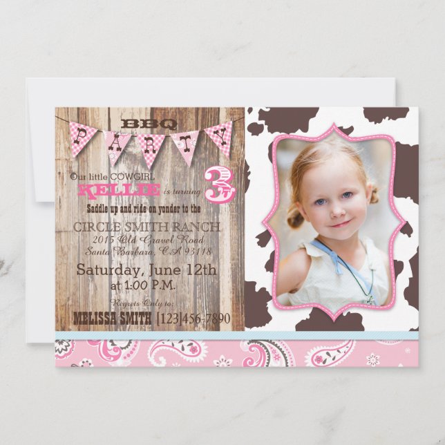 Cowgirl Rosa Bandanna Western Theme Birthday Inbjudningar (Framsida)