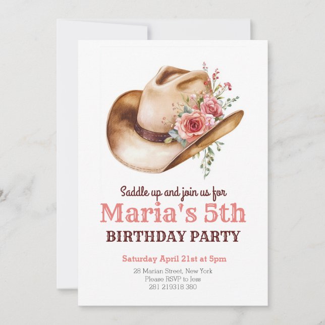 Cowgirl Rosa Blommigt Hat Rodeo Western Birthday Inbjudningar (Framsida)