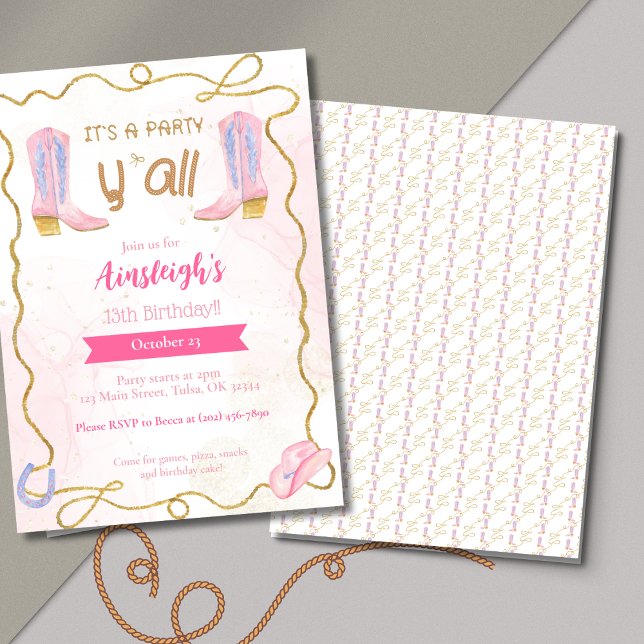 Cowgirl Rosa Boots Westerna Födelsedagsfest Inbjudningar (Skapare uppladdad)