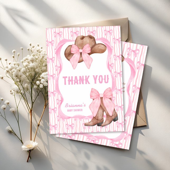 Cowgirl rosa bow ribbon Flickor babydusch Tack Kort (Cowgirl pink bow ribbon coquette western girls baby shower thank you cards boots and bows)