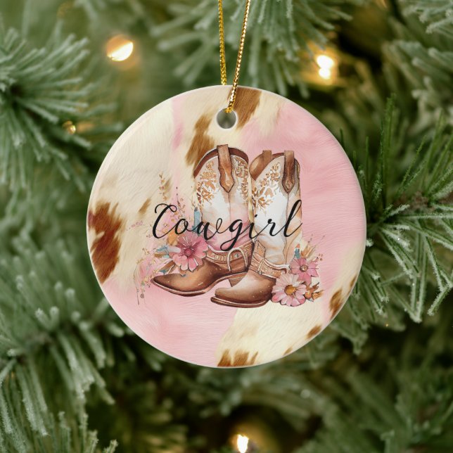 Cowgirl Rosa Cream Brown Cowhide Blommigt Boots Julgransprydnad Keramik (Träd)
