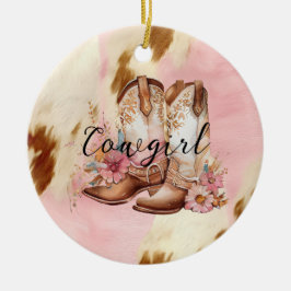 Cowgirl Rosa Cream Brown Cowhide Blommigt Boots Julgransprydnad Keramik