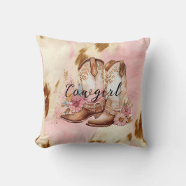 Cowgirl Rosa Cream Brown Cowhide Blommigt Boots Kudde