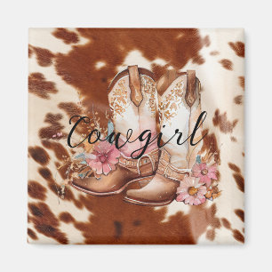Cowgirl Rosa Cream Brown Cowhide Blommigt Boots Magnet