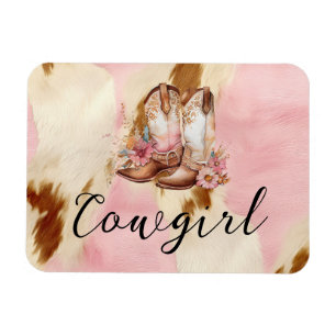 Cowgirl Rosa Cream Brown Cowhide Blommigt Boots Magnet