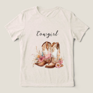 Cowgirl Rosa Cream Brown Cowhide Blommigt Boots T Shirt