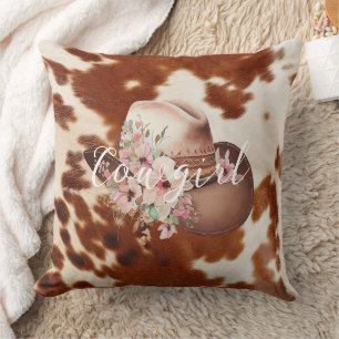 Cowgirl Rosa Cream Brown Cowhide Blommigt Hat Kudde