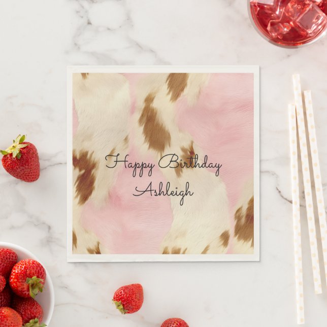 Cowgirl Rosa Cream Brown Cowhide Guld Birthday Pappersservett (Insitu)