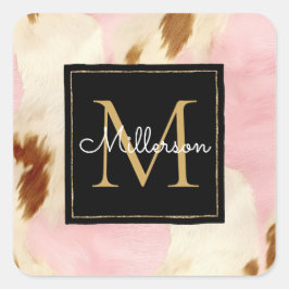 Cowgirl Rosa Cream Brown Cowhide Guld Monogram Fyrkantigt Klistermärke