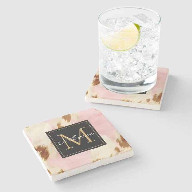 Cowgirl Rosa Cream Brown Cowhide Guld Monogram Stenunderlägg (Sidan)