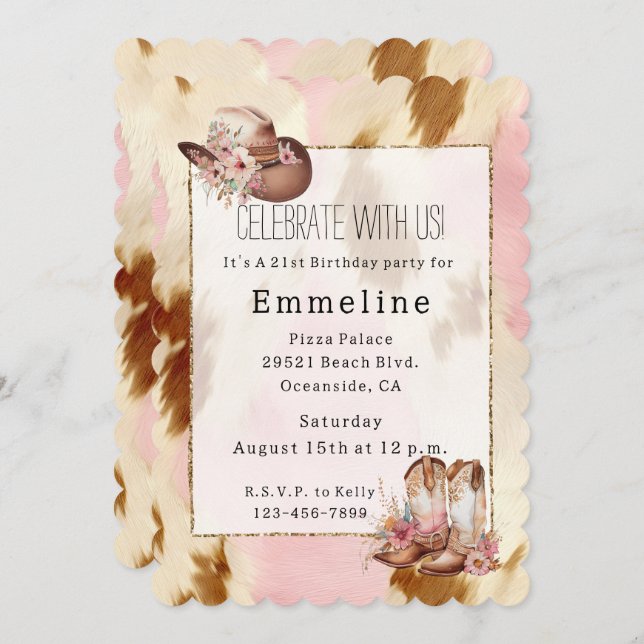 Cowgirl Rosa Cream Brown Cowhide Hat Boots Inbjudningar (Fram/baksida)