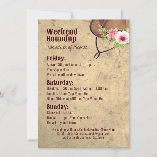 Cowgirl Rustik Blommig Destination Fest Itinerary Inbjudningar (Framsida)