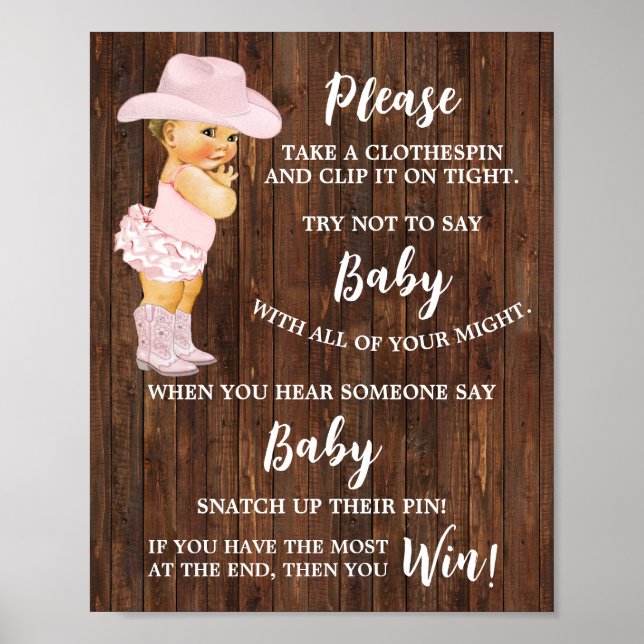 Cowgirl säger inte Baby Clothespin Baby Shower Poster (Framsidan)