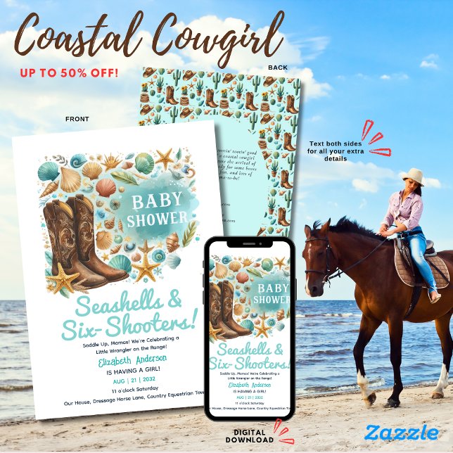⭐ Cowgirl Seashells Baby Shower Teal Inbjudningar (Skapare uppladdad)