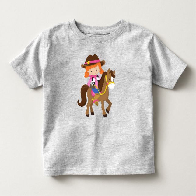Cowgirl, Sheriff, Häst, Västern, Orange Hår T Shirt (Framsida)