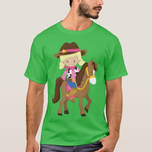 Cowgirl sheriff Horse Western Blonde Hair retro T Shirt (Framsida)