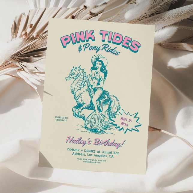 Cowgirl Sjöjungfru Birthday Tides Pony Rides Inbjudningar (coastal cowgirl invite, mermaid birthday invite, adult mermaid invite, pink cowgirl party, retro bir)