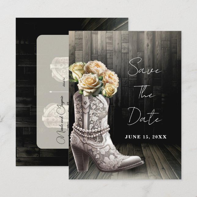Cowgirl Snöre Boots & White Flowers Spara datum Meddelande Vykort (Fram/baksida)