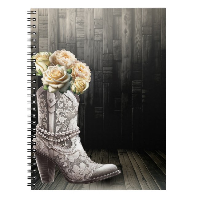 Cowgirl Snöre & Pearls Boots White Flowers Rustic Anteckningsbok (Framsidan)