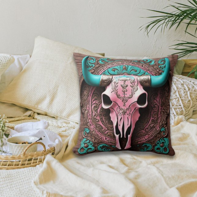 Cowgirl Southwest Tur Rosa Bull Skull Kudde (Skapare uppladdad)
