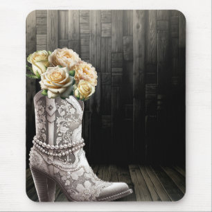 Cowgirl-spets & pärlor stövlar vita blommor rustik musmatta