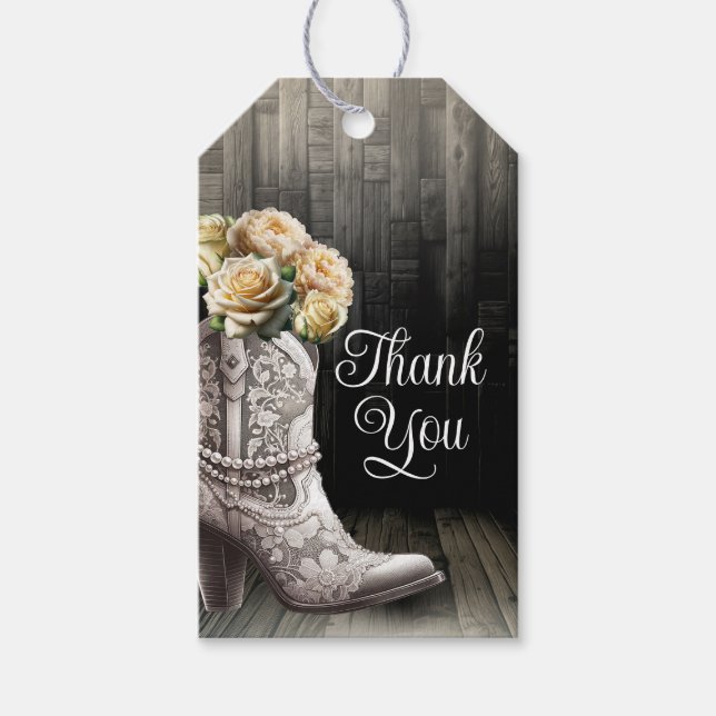 Cowgirl-spetsstövlar & Vita Blommor Rustika Bröllo Presentetikett (Framsidan)