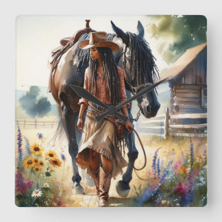 Cowgirl Spirit Western Fyrkantig Klocka