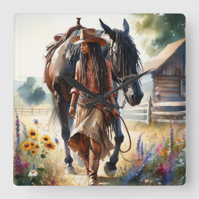 Cowgirl Spirit Western Fyrkantig Klocka (Framsida)