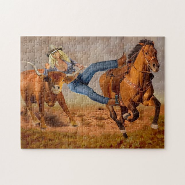 Cowgirl Styr Oxar Pussel (Horisontell)