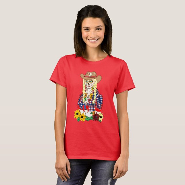 Cowgirl Sugar Skull Tee Shirt (Hel framsida)