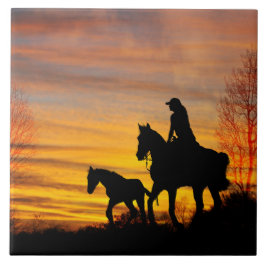 Cowgirl Sunset Horseback Ride Ceramic Tile Kakelplatta
