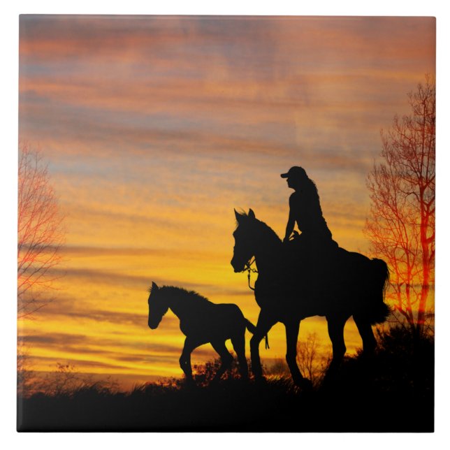 Cowgirl Sunset Horseback Ride Ceramic Tile Kakelplatta (Framsidan)
