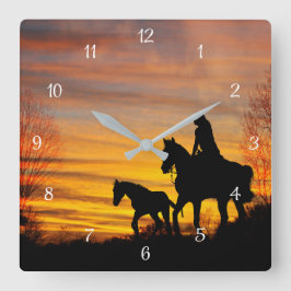 Cowgirl Sunset Trailride Wall Clock Fyrkantig Klocka