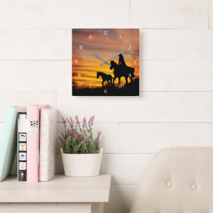 Cowgirl Sunset Trailride Wall Clock Fyrkantig Klocka