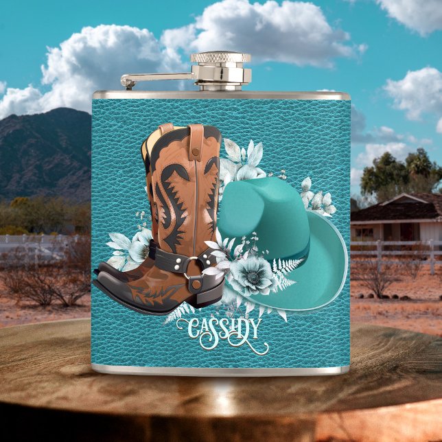 Cowgirl turquise, cowboystövlar fickplunta (Cowgirl turquoise leather cowboy boots hat flask)