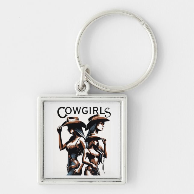 cowgirl vänner  fyrkantig silverfärgad nyckelring (Framsidan)