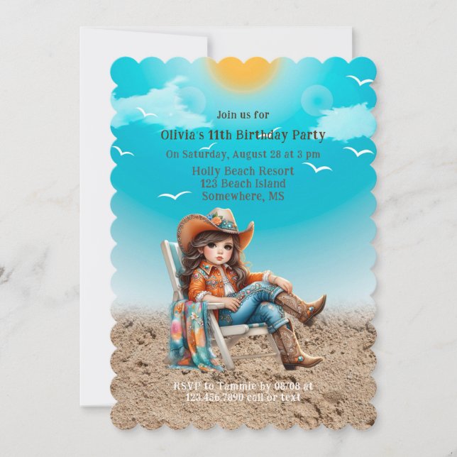 Cowgirl vid Beach-Födelsedagsfesten Inbjudningar (Framsida)