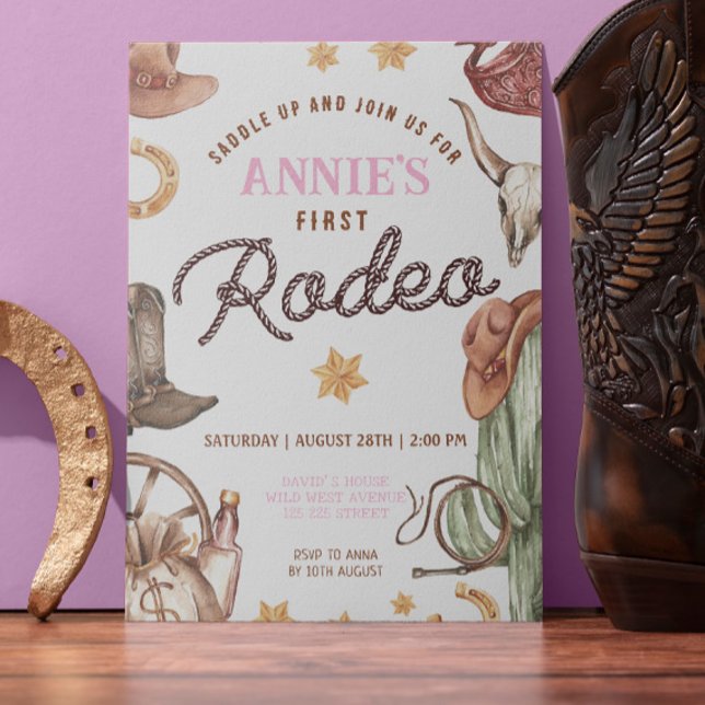 Cowgirl Vilda western 1st Rodeo Ranch Födelsedagsf Inbjudningar (Cowgirl Wester Rodeo 1st Baby Girl Party Invitation Template Digital or printed )