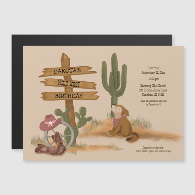 Cowgirl Vilda western Rustic Roligt Birthday-inbju Magnetisk Inbjudningskort (Fram/baksida)