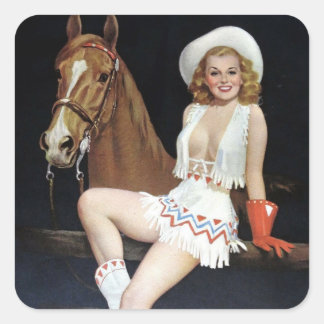 Cowgirl! Vintage Fäst upp flicka Fyrkantigt Klistermärke
