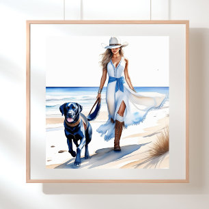 Cowgirl Walking med Hund på stranden Poster