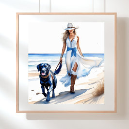 Cowgirl Walking med Hund på stranden Poster