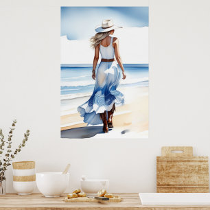 Cowgirl Walking on the Beach Watercolor Poster