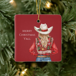 Cowgirl Western Blond Hår Jul Julgransprydnad Keramik