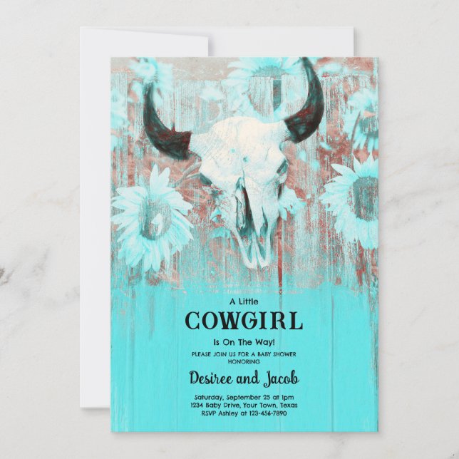 Cowgirl Western Country Floral Teal Baby Shower Inbjudningar (Framsida)
