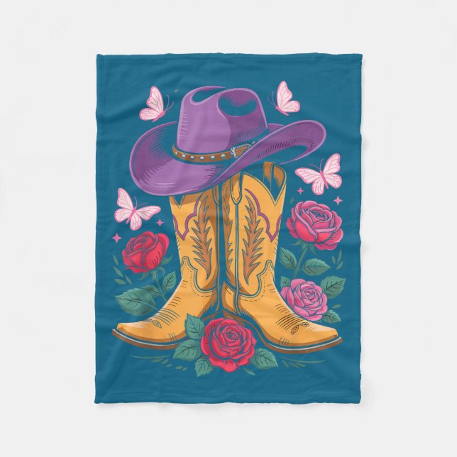 Cowgirl Western Cowboy Hat Boots With Roses Countr Fleecefilt (Framsidan)