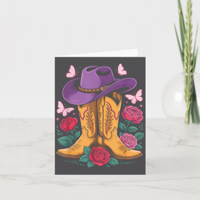 Cowgirl Western Cowboy Hat Boots With Roses Countr Kort (Framsida)